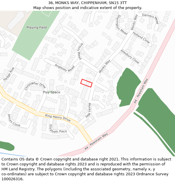 36, MONKS WAY, CHIPPENHAM, SN15 3TT: Location map and indicative extent of plot