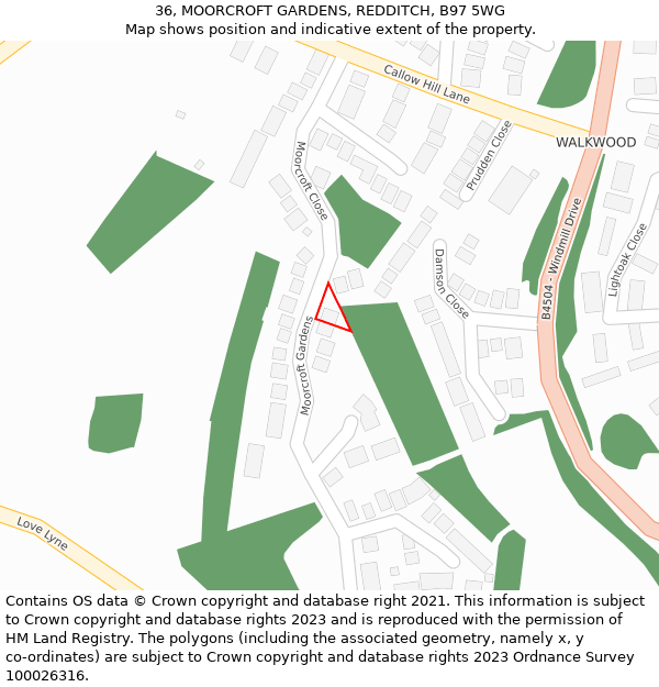 36, MOORCROFT GARDENS, REDDITCH, B97 5WG: Location map and indicative extent of plot