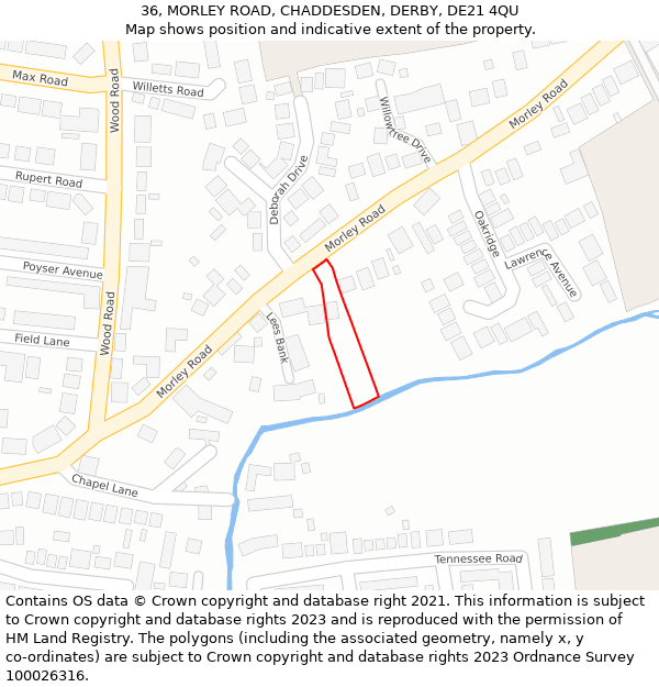 36, MORLEY ROAD, CHADDESDEN, DERBY, DE21 4QU: Location map and indicative extent of plot