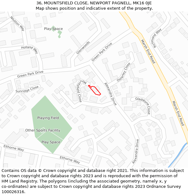 36, MOUNTSFIELD CLOSE, NEWPORT PAGNELL, MK16 0JE: Location map and indicative extent of plot