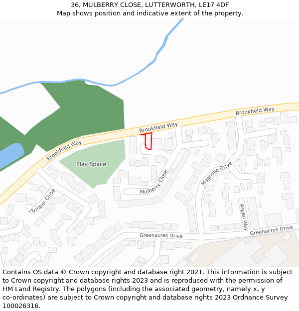 36, MULBERRY CLOSE, LUTTERWORTH, LE17 4DF: Location map and indicative extent of plot