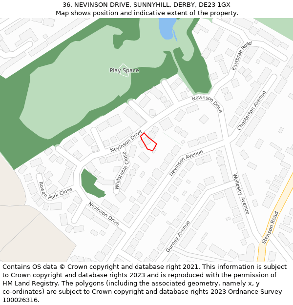 36, NEVINSON DRIVE, SUNNYHILL, DERBY, DE23 1GX: Location map and indicative extent of plot
