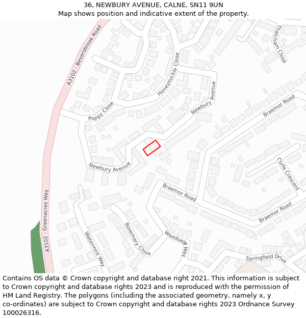 36, NEWBURY AVENUE, CALNE, SN11 9UN: Location map and indicative extent of plot
