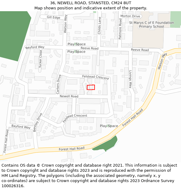 36, NEWELL ROAD, STANSTED, CM24 8UT: Location map and indicative extent of plot