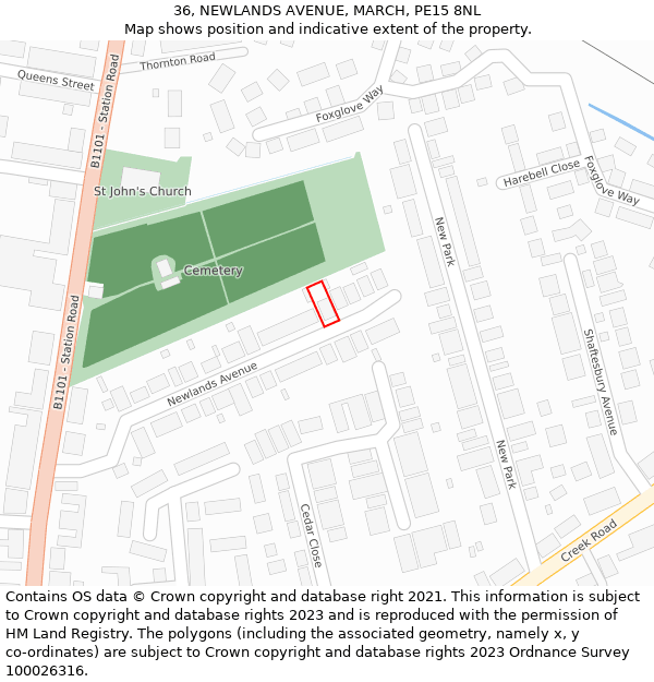 36, NEWLANDS AVENUE, MARCH, PE15 8NL: Location map and indicative extent of plot