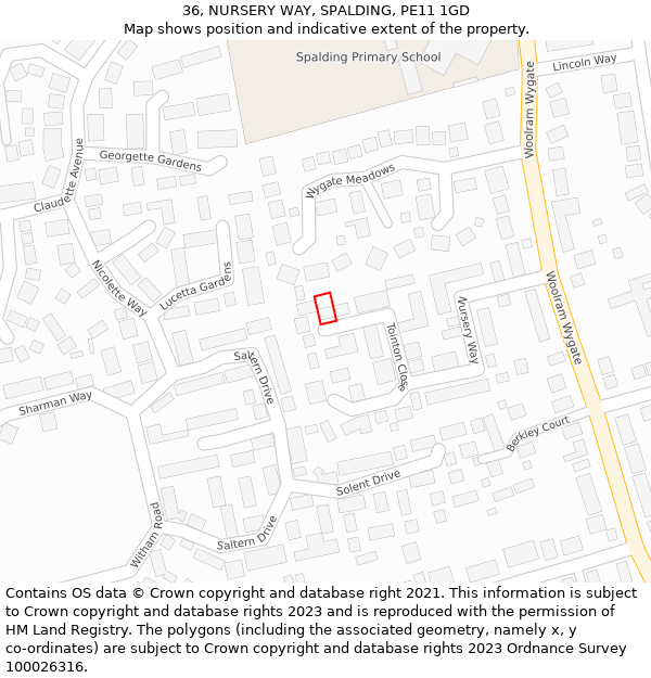 36, NURSERY WAY, SPALDING, PE11 1GD: Location map and indicative extent of plot