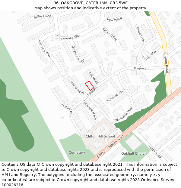 36, OAKGROVE, CATERHAM, CR3 5WE: Location map and indicative extent of plot