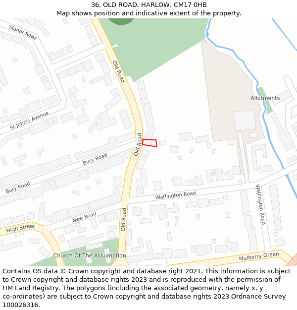 36, OLD ROAD, HARLOW, CM17 0HB: Location map and indicative extent of plot