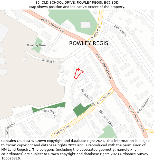 36, OLD SCHOOL DRIVE, ROWLEY REGIS, B65 8DD: Location map and indicative extent of plot