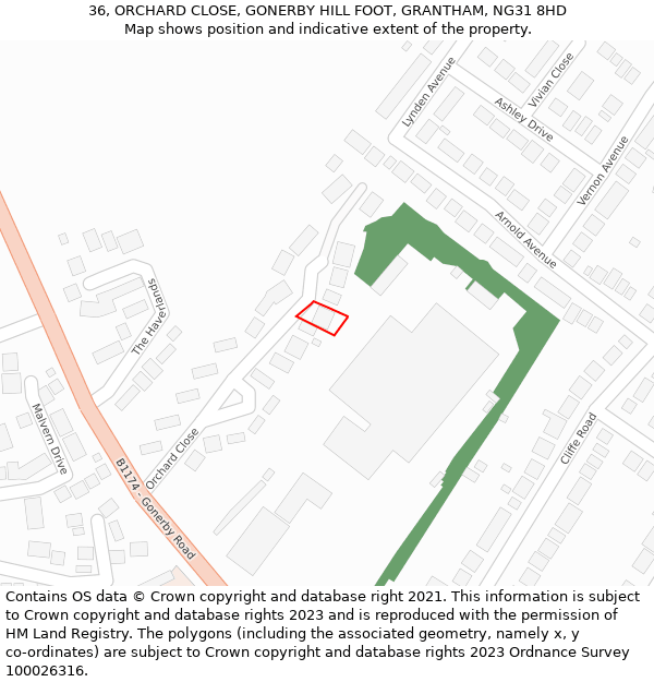 36, ORCHARD CLOSE, GONERBY HILL FOOT, GRANTHAM, NG31 8HD: Location map and indicative extent of plot