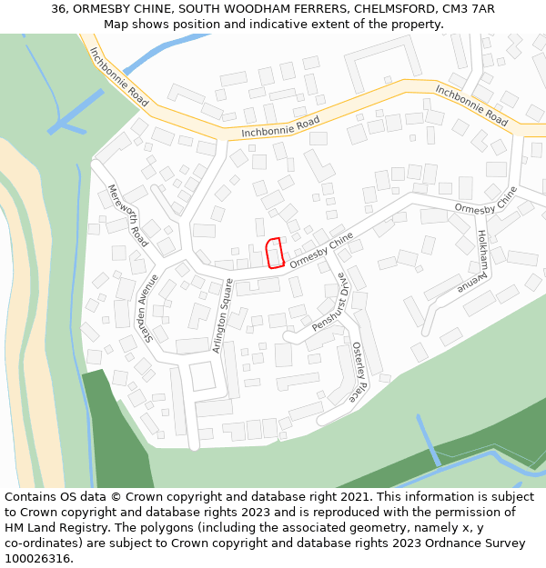 36, ORMESBY CHINE, SOUTH WOODHAM FERRERS, CHELMSFORD, CM3 7AR: Location map and indicative extent of plot