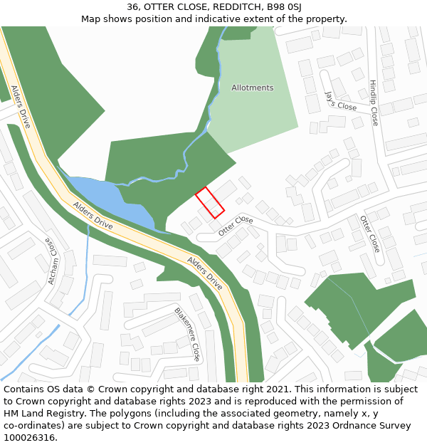 36, OTTER CLOSE, REDDITCH, B98 0SJ: Location map and indicative extent of plot