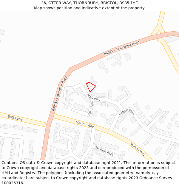 36, OTTER WAY, THORNBURY, BRISTOL, BS35 1AE: Location map and indicative extent of plot