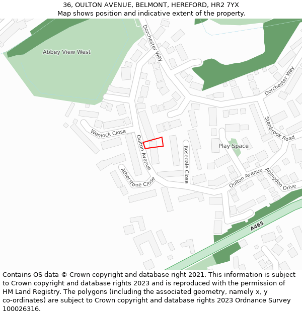 36, OULTON AVENUE, BELMONT, HEREFORD, HR2 7YX: Location map and indicative extent of plot