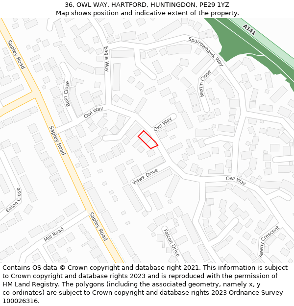 36, OWL WAY, HARTFORD, HUNTINGDON, PE29 1YZ: Location map and indicative extent of plot