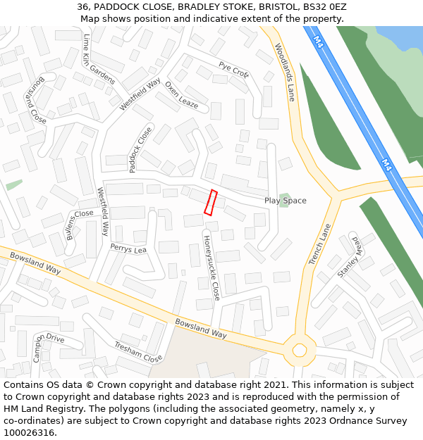 36, PADDOCK CLOSE, BRADLEY STOKE, BRISTOL, BS32 0EZ: Location map and indicative extent of plot