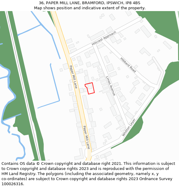 36, PAPER MILL LANE, BRAMFORD, IPSWICH, IP8 4BS: Location map and indicative extent of plot