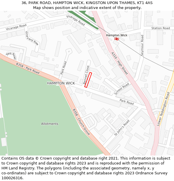 36, PARK ROAD, HAMPTON WICK, KINGSTON UPON THAMES, KT1 4AS: Location map and indicative extent of plot