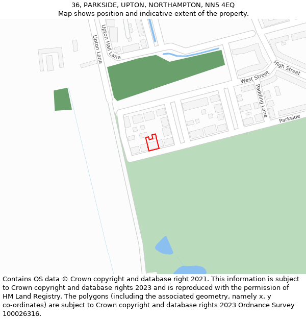 36, PARKSIDE, UPTON, NORTHAMPTON, NN5 4EQ: Location map and indicative extent of plot