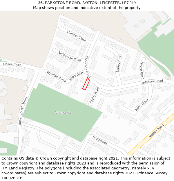 36, PARKSTONE ROAD, SYSTON, LEICESTER, LE7 1LY: Location map and indicative extent of plot