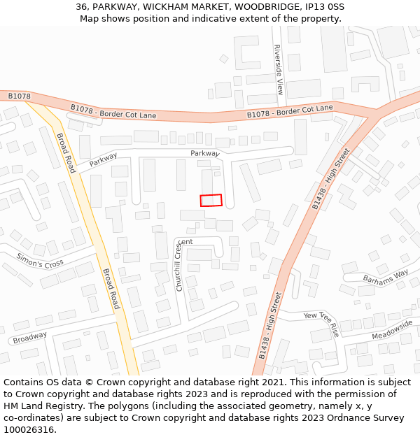 36, PARKWAY, WICKHAM MARKET, WOODBRIDGE, IP13 0SS: Location map and indicative extent of plot