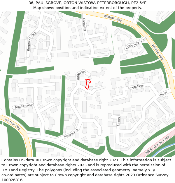 36, PAULSGROVE, ORTON WISTOW, PETERBOROUGH, PE2 6YE: Location map and indicative extent of plot