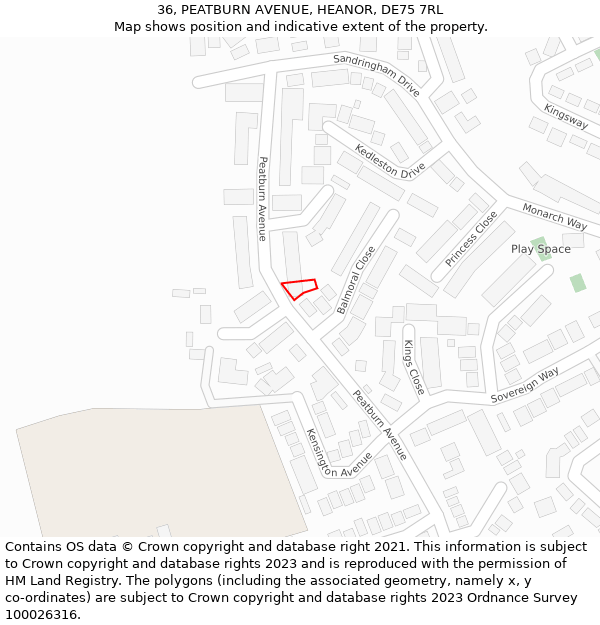36, PEATBURN AVENUE, HEANOR, DE75 7RL: Location map and indicative extent of plot