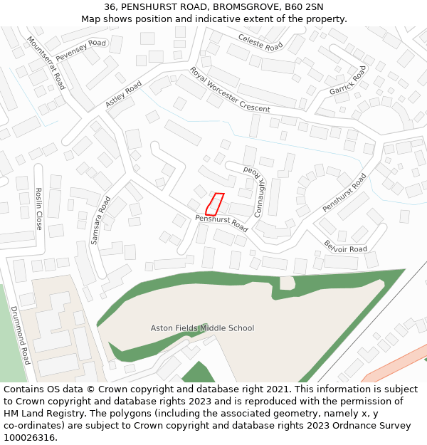 36, PENSHURST ROAD, BROMSGROVE, B60 2SN: Location map and indicative extent of plot