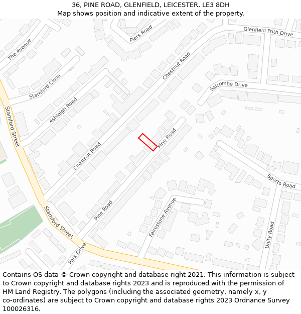 36, PINE ROAD, GLENFIELD, LEICESTER, LE3 8DH: Location map and indicative extent of plot