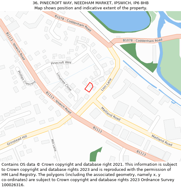 36, PINECROFT WAY, NEEDHAM MARKET, IPSWICH, IP6 8HB: Location map and indicative extent of plot