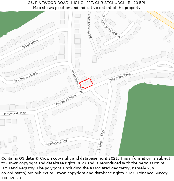 36, PINEWOOD ROAD, HIGHCLIFFE, CHRISTCHURCH, BH23 5PL: Location map and indicative extent of plot