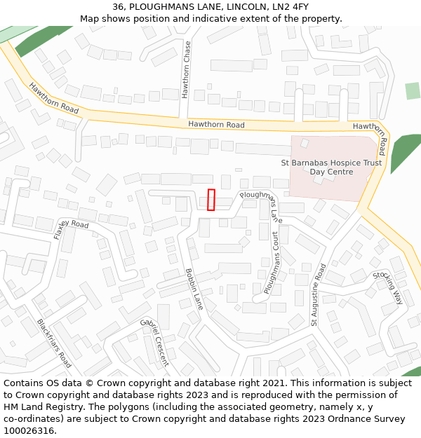36, PLOUGHMANS LANE, LINCOLN, LN2 4FY: Location map and indicative extent of plot
