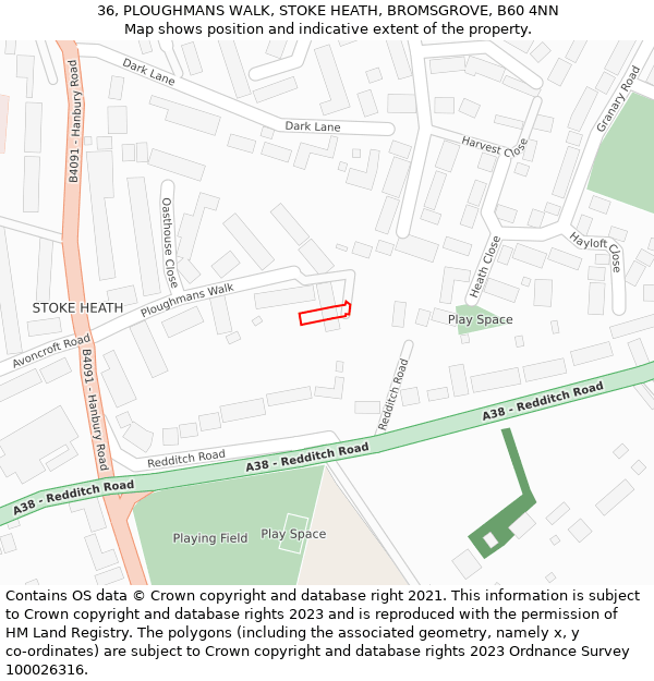 36, PLOUGHMANS WALK, STOKE HEATH, BROMSGROVE, B60 4NN: Location map and indicative extent of plot