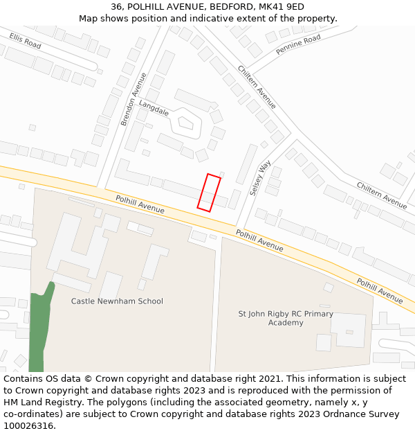 36, POLHILL AVENUE, BEDFORD, MK41 9ED: Location map and indicative extent of plot
