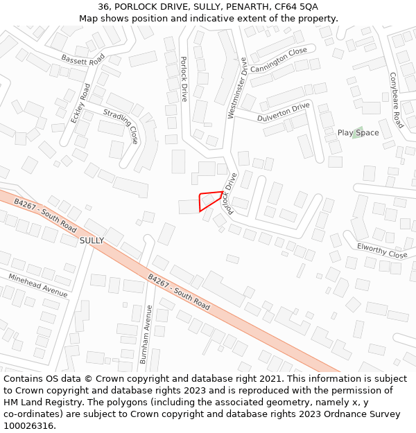 36, PORLOCK DRIVE, SULLY, PENARTH, CF64 5QA: Location map and indicative extent of plot