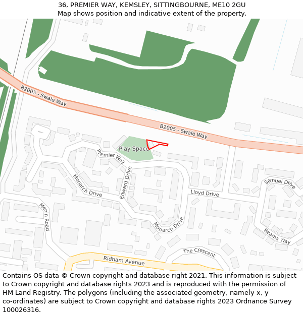 36, PREMIER WAY, KEMSLEY, SITTINGBOURNE, ME10 2GU: Location map and indicative extent of plot