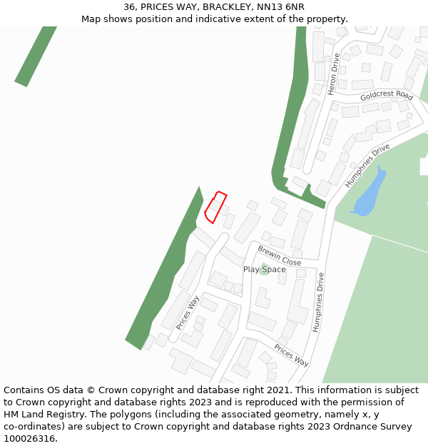 36, PRICES WAY, BRACKLEY, NN13 6NR: Location map and indicative extent of plot