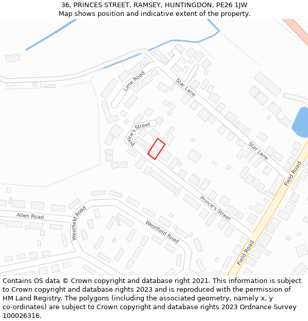 36, PRINCES STREET, RAMSEY, HUNTINGDON, PE26 1JW: Location map and indicative extent of plot