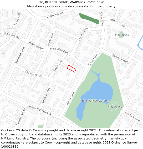 36, PURSER DRIVE, WARWICK, CV34 6BW: Location map and indicative extent of plot