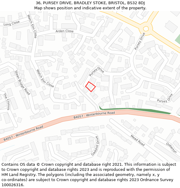 36, PURSEY DRIVE, BRADLEY STOKE, BRISTOL, BS32 8DJ: Location map and indicative extent of plot