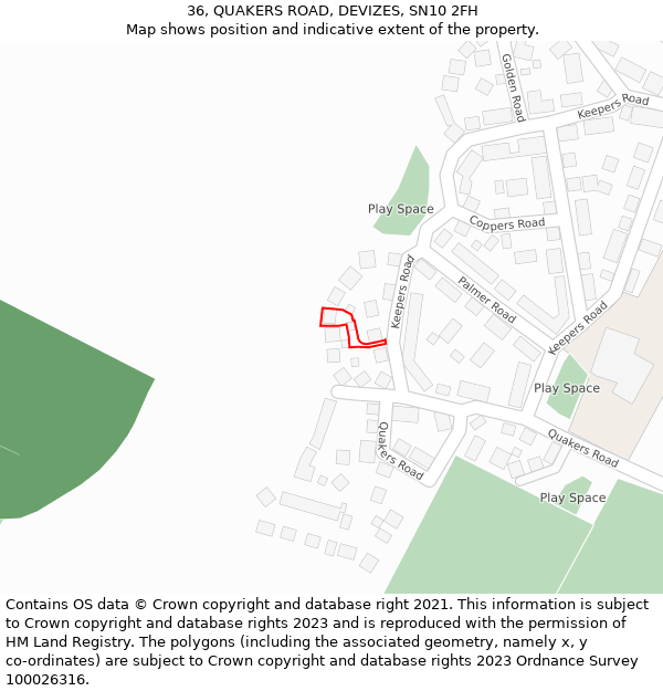 36, QUAKERS ROAD, DEVIZES, SN10 2FH: Location map and indicative extent of plot