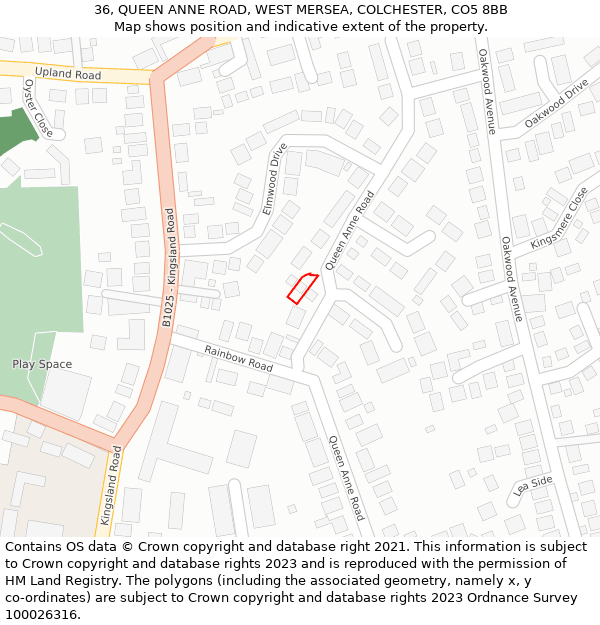 36, QUEEN ANNE ROAD, WEST MERSEA, COLCHESTER, CO5 8BB: Location map and indicative extent of plot