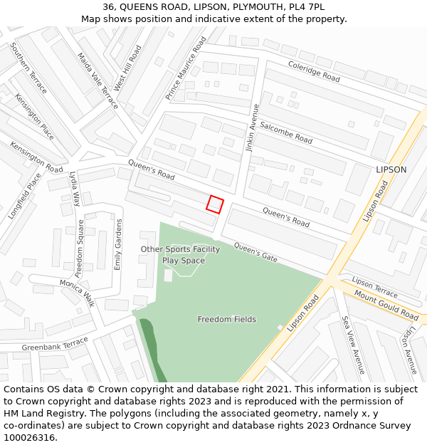 36, QUEENS ROAD, LIPSON, PLYMOUTH, PL4 7PL: Location map and indicative extent of plot