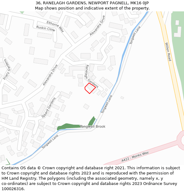 36, RANELAGH GARDENS, NEWPORT PAGNELL, MK16 0JP: Location map and indicative extent of plot