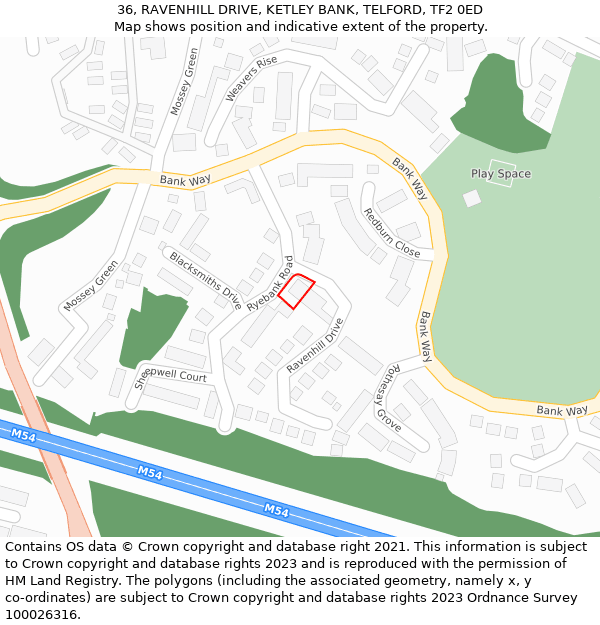 36, RAVENHILL DRIVE, KETLEY BANK, TELFORD, TF2 0ED: Location map and indicative extent of plot