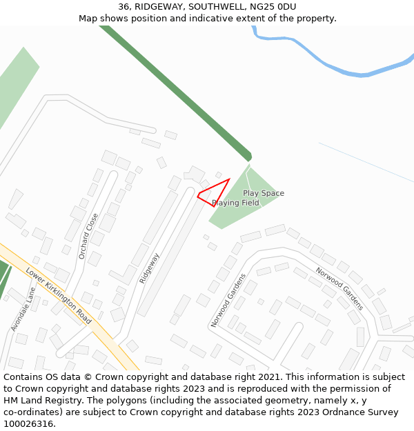 36, RIDGEWAY, SOUTHWELL, NG25 0DU: Location map and indicative extent of plot