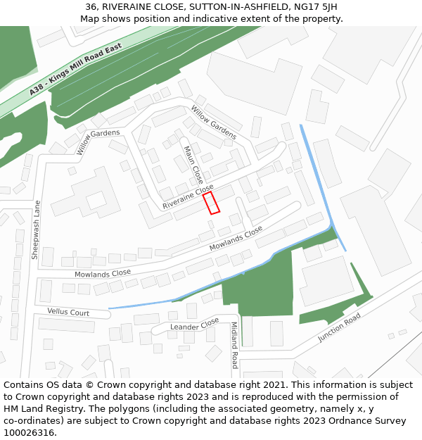 36, RIVERAINE CLOSE, SUTTON-IN-ASHFIELD, NG17 5JH: Location map and indicative extent of plot