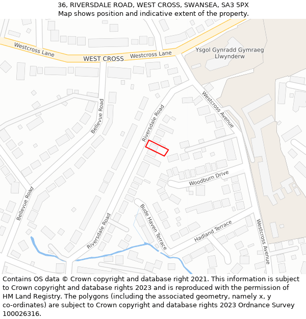 36, RIVERSDALE ROAD, WEST CROSS, SWANSEA, SA3 5PX: Location map and indicative extent of plot