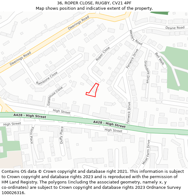 36, ROPER CLOSE, RUGBY, CV21 4PF: Location map and indicative extent of plot