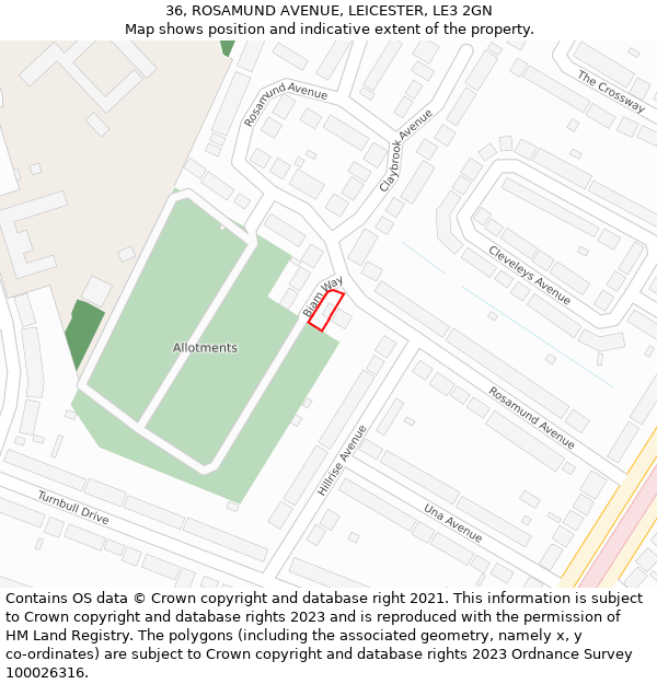 36, ROSAMUND AVENUE, LEICESTER, LE3 2GN: Location map and indicative extent of plot